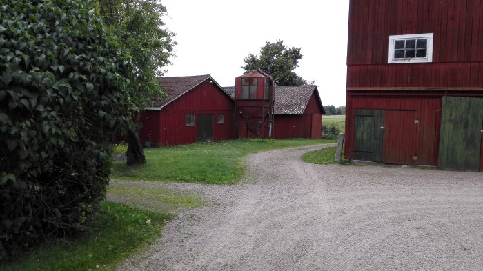 Gårdsbild med röda träbyggnader, inklusive stall och lador, vid en grusväg med omgivande grönska på en gård i nordöstra Skåne.