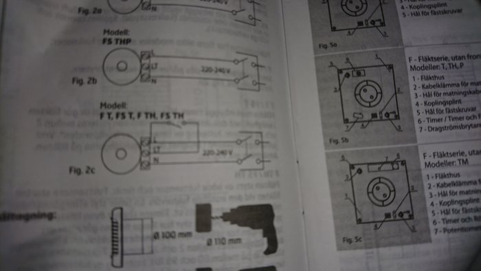 Instruktionsdiagram för badrumsfläktens elektriska kopplingar och timerfunktionschema.