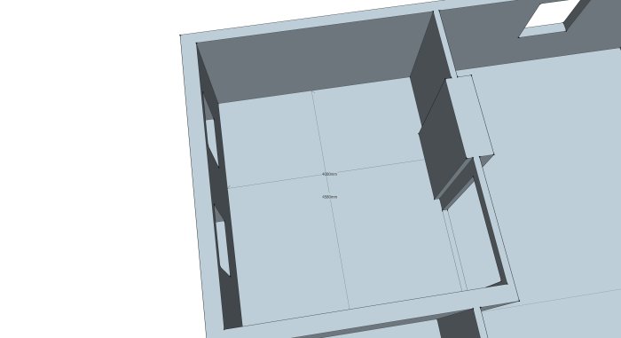 3D-ritning av ett litet vardagsrum med mått, inklusive plats för spiskassetten.