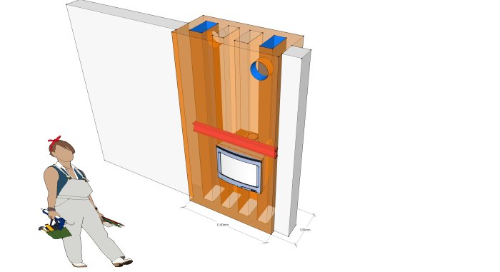 3D-modell av en murstock med en "i" balk och en kvinna i arbetskläder som bär verktyg.