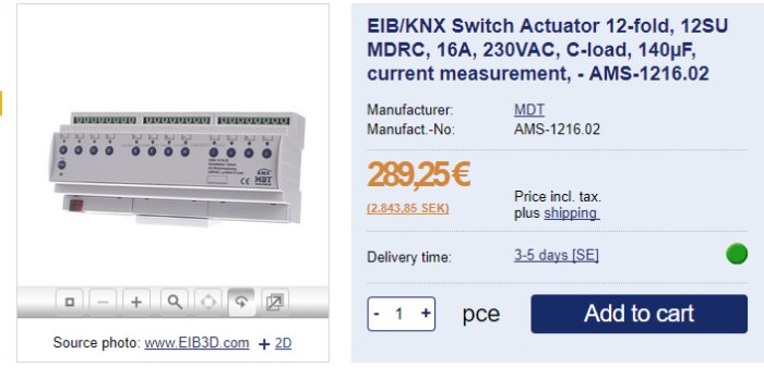 KNX-switchaktor med tolv fack för strömbrytning och strömmätning, pris och knapp för att lägga till i kundvagnen.