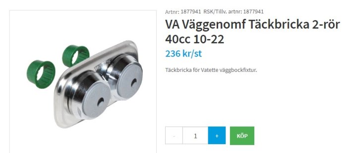 VA vägggenomföringstäckbricka för två rör med gröna hylsor, avsedd för anslutning till Vatette vaggboxfixtur.