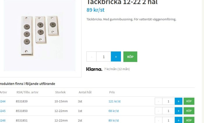 Täckbrickor med gummitätning för rörtätning, storlek 12-22mm, listade på en webbplats med pris och köpknapp.