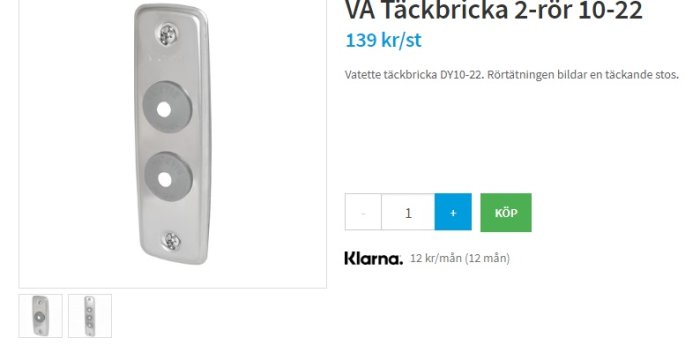 Vattentät tätbricka för rörgenomföring med två hål och fästdetaljer, avsedd för rörstorlekar 10-22 mm.