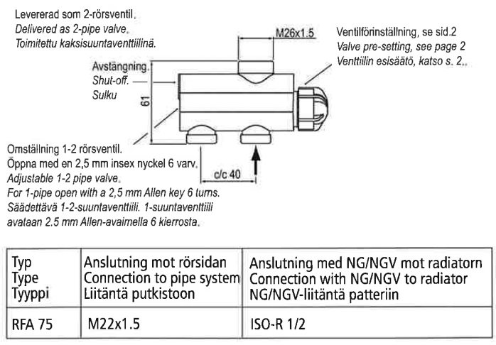 Schematisk ritning av 2-rörsventil med måttangivelser, beskrivning av anslutningar och justeringsinstruktioner för PEX och kopparrör.