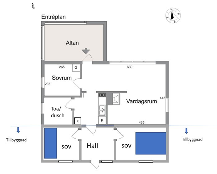 Planritning över en bostad med angivna rum som vardagsrum, sovrum och altan samt måttangivelser.