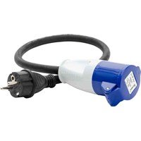 Adapterkabel med vanlig stickkontakt och blå CEE-kontakt.