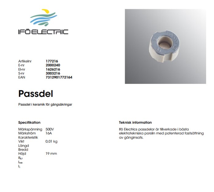 IFÖ Electric keramisk passdel för gängsäkringar med specifikationer.