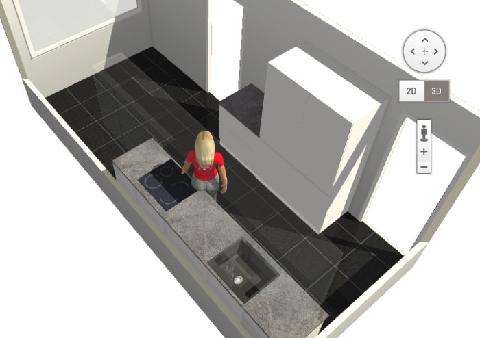 3D-kökdesign med figur som ser på en spishäll, gråa skåp, och svart golv.