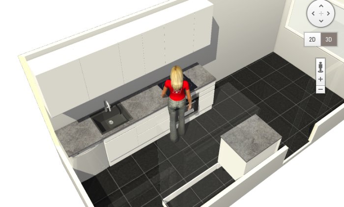 3D-design av kök med vit inredning, grå kvartskomposit bänkskiva och person i röd tröja.