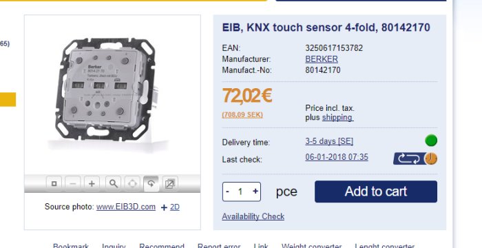 EIB, KNX touch sensor 4-fold från Berker visas på en webbsida med prisinformation och köpalternativ.