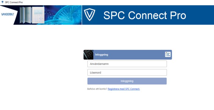 Skärmbild av SPC Connect Pro inloggningssida med fält för användarnamn och lösenord.
