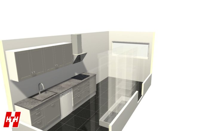 3D-ritning av ett kök med diskho, spishäll och skåp, utrymme utanför kylskåpet.