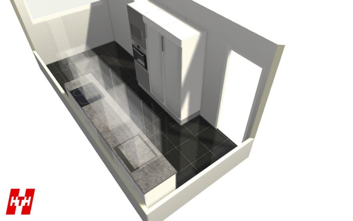 3D-rendering av ett kök med bänkytor, diskho och inbyggda vitvaror.