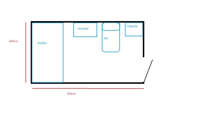 Schematisk ritning av badrumsplanering med badkar, handfat, WC och högskåp markerade.