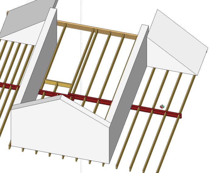 CAD-ritning av stålbalk som ligger på en bärande vägg med träreglar och ytterväggar.