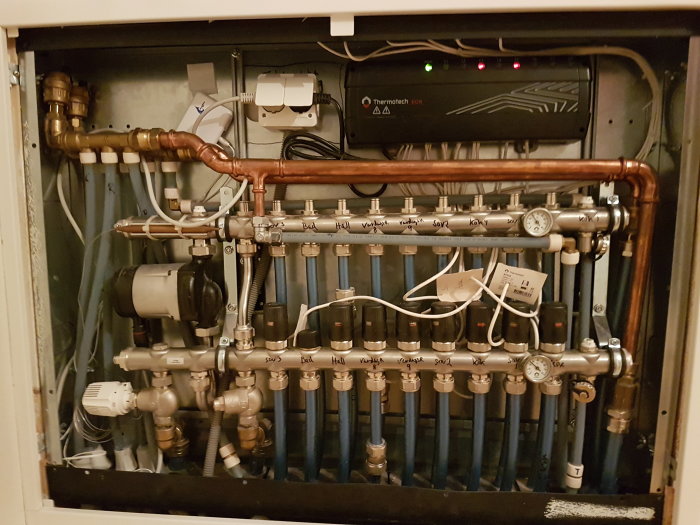 Golvvärmesystem med rör, manuella ventiler och automatiska ställdon, märkta för olika rum.