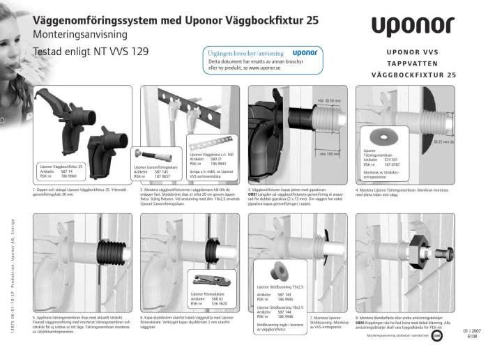 Monteringsanvisning för Uponor Väggbockfixtur 25 med steg-för-steg bilder och artikelnummer.