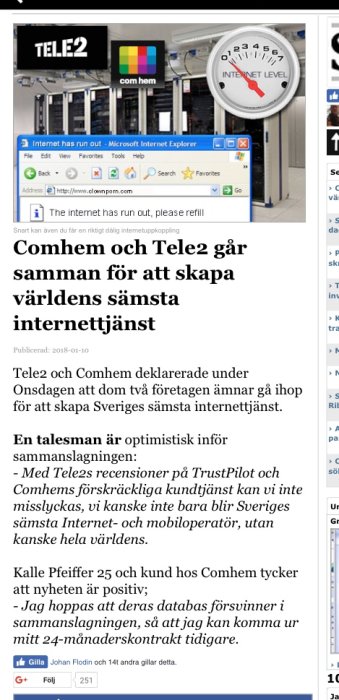 Webbläsarfönster med felmeddelande "Internet has run out, please refill" över en bild av Comhem och Tele2-logotyper och internet-nivåmätare.