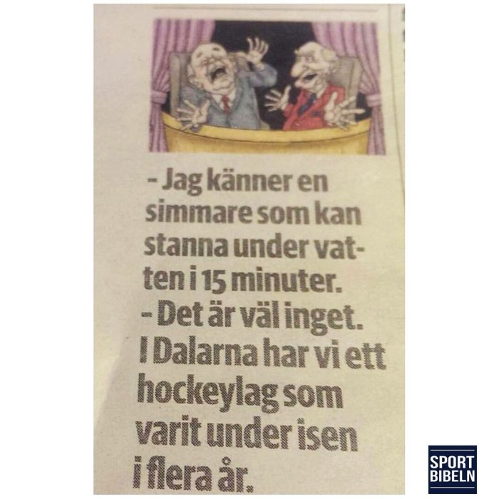 Illustration av två karaktärer som skrattar åt ett skämt om simning och ishockey.