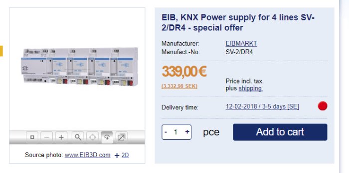 EIB KNX nätaggregat för 4 linjer på en webshopssida, med pris och köpknapp.