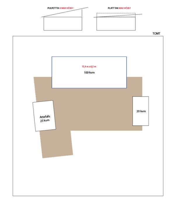 Enkla skisser över en tomtplan med mått och layout för tänkt husbygge, inklusive ateljé och uteplats.