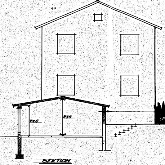 Sektionsritning av hus med markerade mått och byggnadskomponenter från 1959.