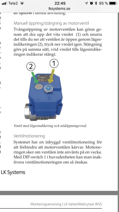 Skärmavbild från lk systems sida som visar en motorventil och dess manuella öppningsmekanism.