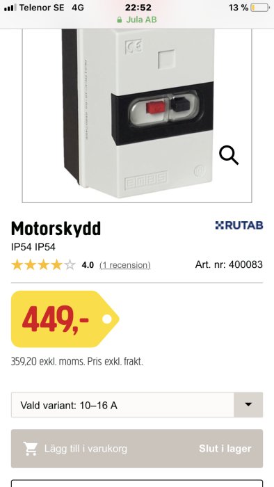 Motorskyddskåpa IP54 med röd tryckströmbrytare visas på produktbild från Jula AB.