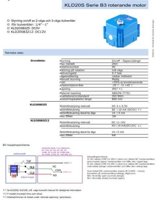 Datablad för KLD20S Serie B3 roterande motor med tekniska specifikationer och kopplingsschema.