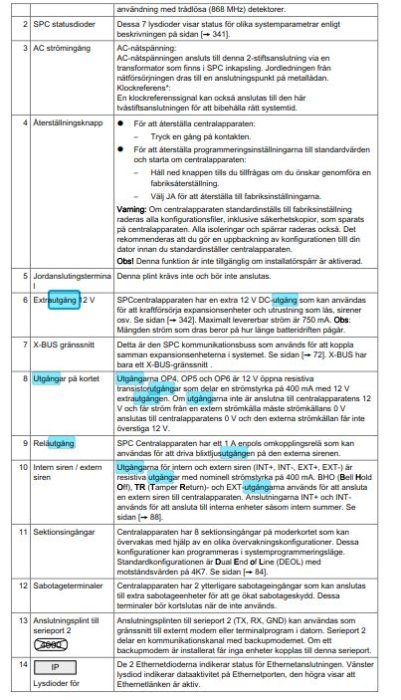 En närbild på en säkerhetscentral med text och diagram över olika komponenter och anslutningar markerade.