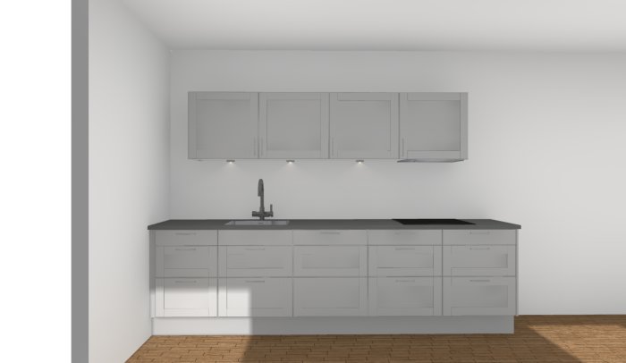 3D-rendering av ett köksförslag med vit köksinredning, överskåp och inbyggd belysning.