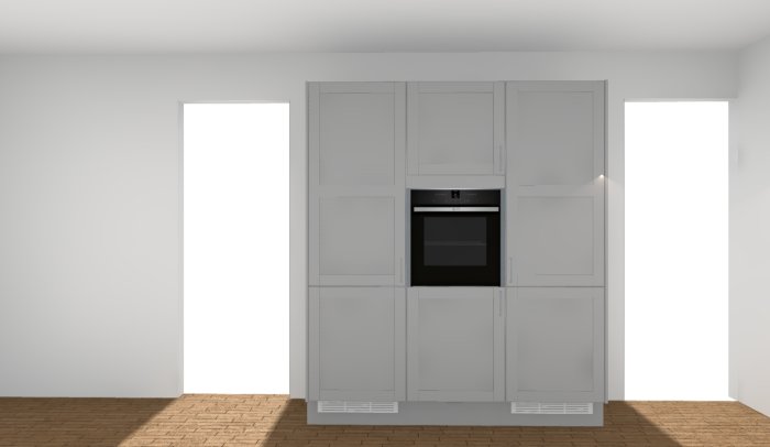 3D-rendering av ett köksförslag med överskåp och inbyggda ugnar i ett ljust rum.