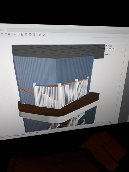 3D-modell av balkong med vit räcke visas på en datorskärm, arbetsmaterial synliga nedanför.