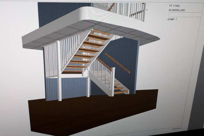 3D-ritning av en modern trappa med trästeg och vita räcken inomhus.