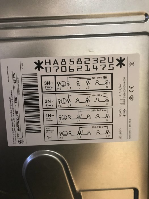Etikett på en spis som visar ett kopplingsschema för olika elektriska inkopplingsmöjligheter, inklusive 3-fas.