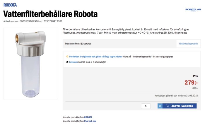 Vattenfilterbehållare från Robota med transparent kammare och vit topp.