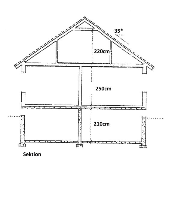 Sektion av hus med måttangivelser för taklutning och våningshöjder, antyder träbjälklag från 1961.