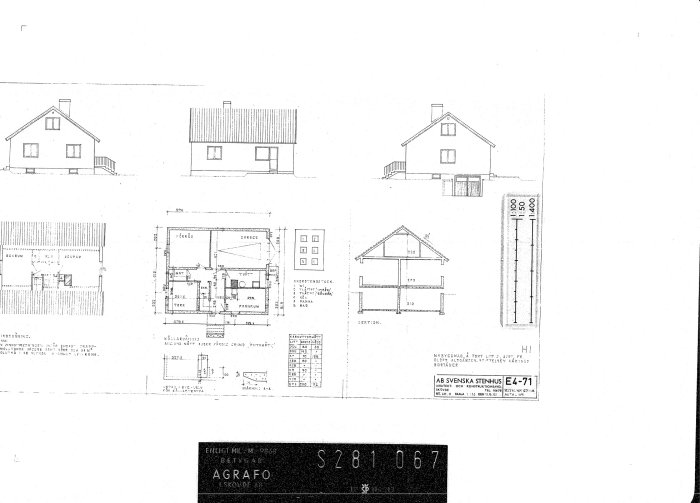 Arkitektonisk ritning av ett hus inklusive fasadvyer, planlösning och sektionsritning.