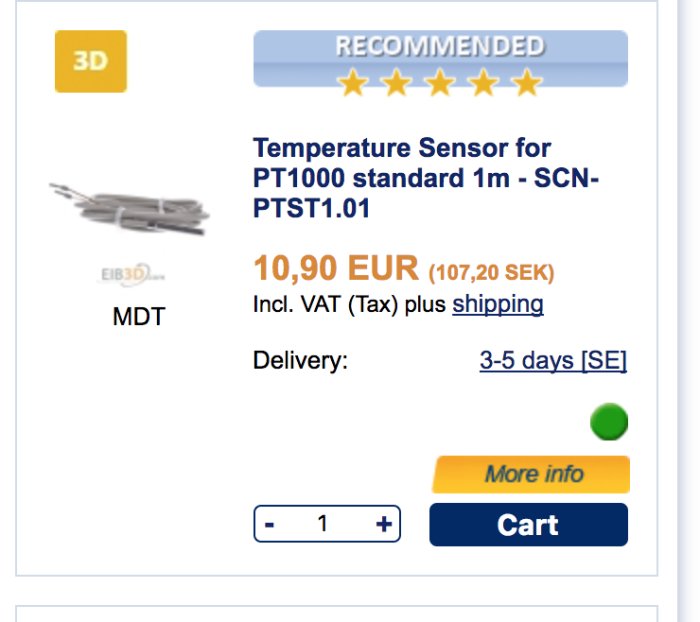 Produktbild av en MDT Temperatur Sensor för PT1000 med priset 10,90 EUR, rekommenderad med 5-stjärnig rating.