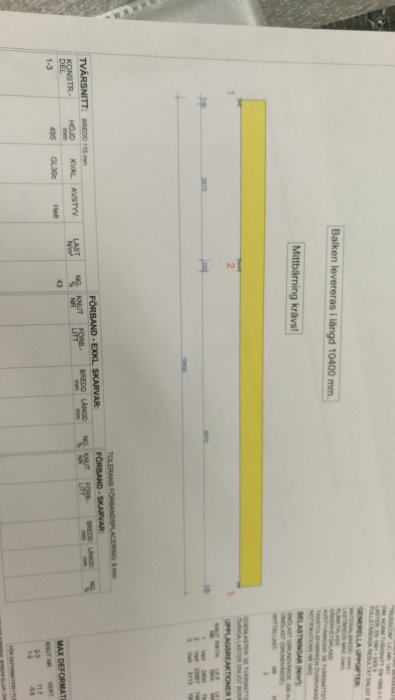 Ritning av limträbalk markerad med mått och tekniska specifikationer, liggande på ett bord.