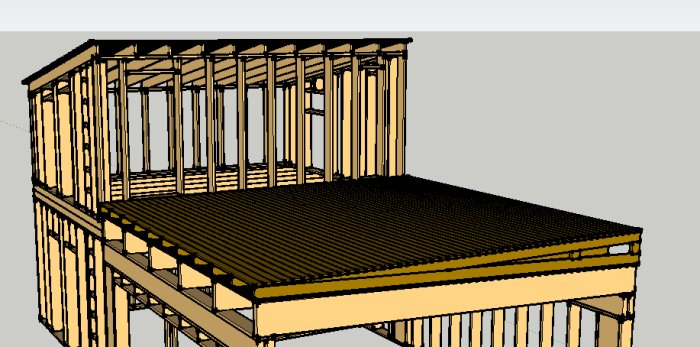 3D-ritning av en tillbyggnad med terrass och ställningskonstruktion.