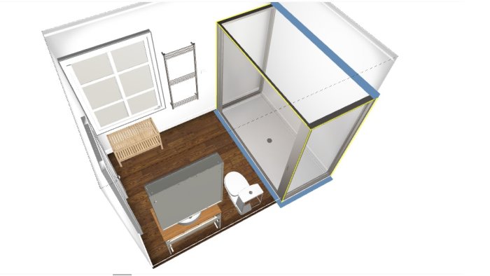 3D-skiss av ett planerat badrum med träklinkers, handfat, toalett och duschyta, samt fönster och takhöjd markerade.