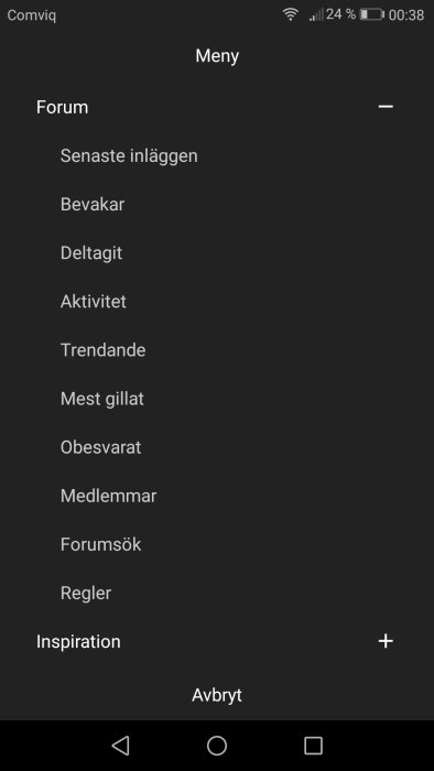 Skärmdump av en gammal mobilappens meny med forumkategorier som Senaste inlägg och Aktivitet.