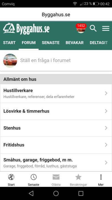 Skärmdump från mobilen visar forumkategorier på Bygghus.se med navigation och sökfält.