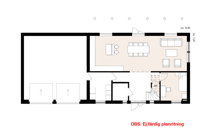 Skiss på tvåplanshus med noteringen "OBS, Ej färdig planritning", inkluderar kök, vardagsrum och garage.