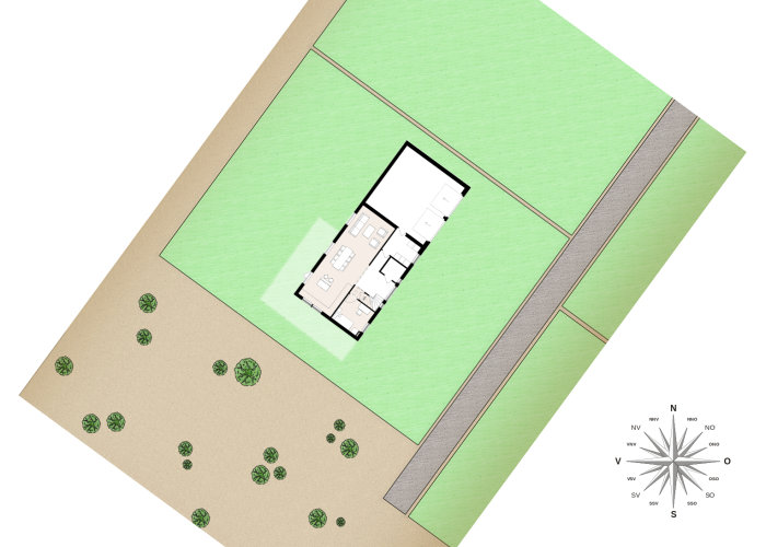 Tomtplan med ett förslag till husplacering, tvåplanshusritning centralt på grön yta, omgiven av vägar och träd, kompass för orientering.