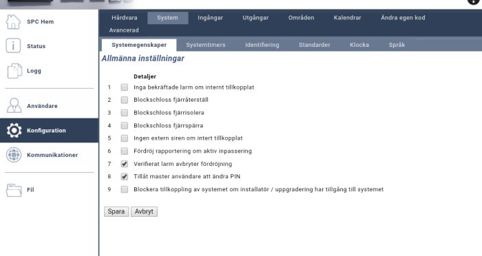 Skärmdump av säkerhetssystems inställningsmeny med markering för alternativ nr 8 "Tillåt master användare att ändra PIN".