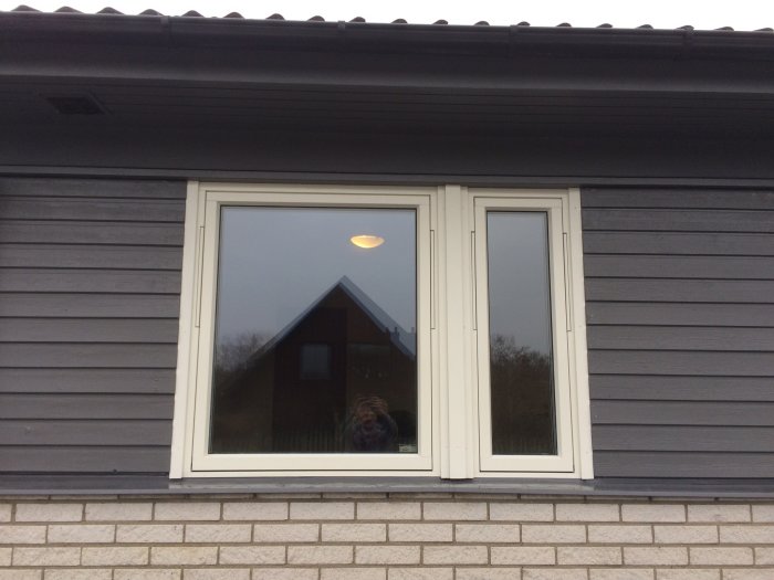 Ett par vita dubbla fönster på en husvägg med mörkgrå panel ovanför och ljus tegel nedanför, reflektioner syns i fönstret.