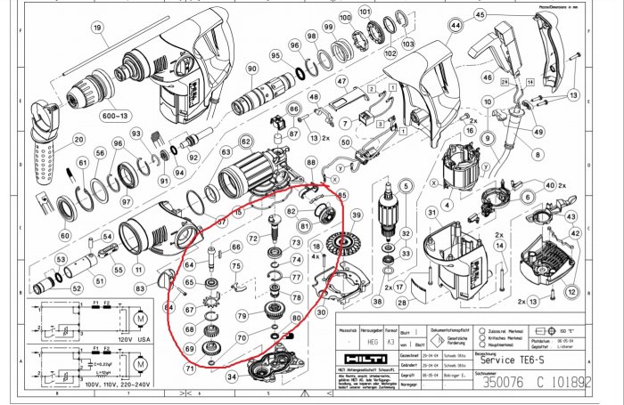 Exploded view diagram of a power tool with parts circled in red indicating area of potential damage.